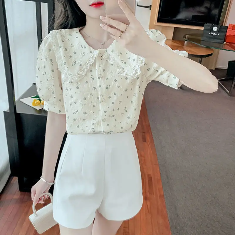 Shirts Women Floral Kawaii Summer Sweet Mujer Slim Elegant Simple Ins Lace French Style Students Stylish All-match Young Chic