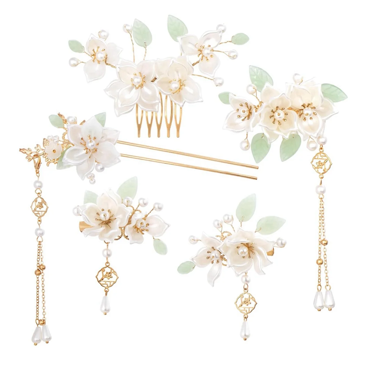 CGS-5PCS Camellia Flower Tassels Hairpin,Pearl Hair Clips Headpiece Retro Chinese Hanfu Wedding Brides Hair Accessories