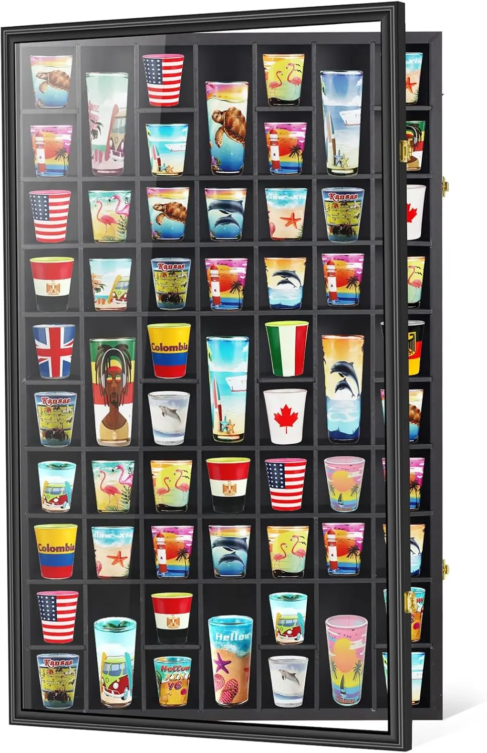 

Large 61-Slot Shot Glass Display Case with UV Protection Acrylic Door, Wall Mounted for Home Decor