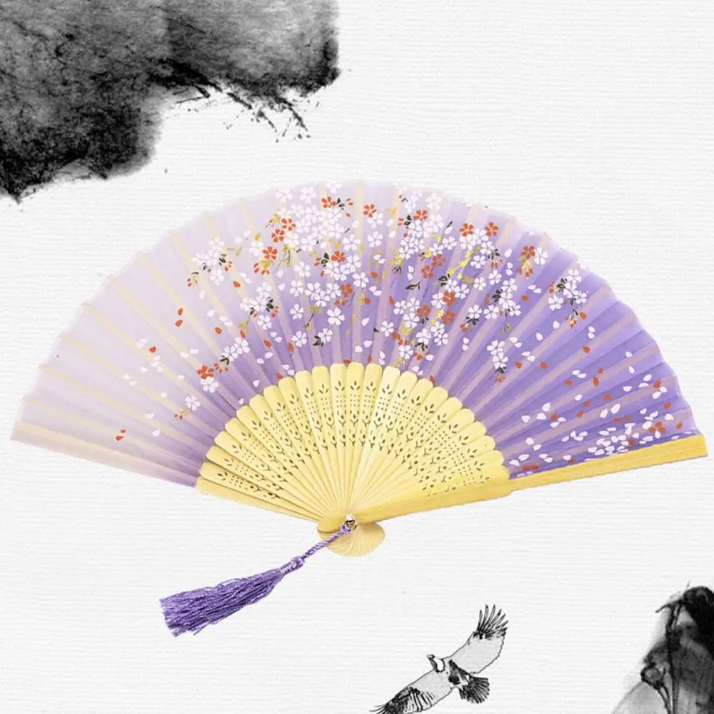 Colorful Chinese Japanese Folding Fan Bamboo Vintage Style Folding Fan Silk Shank Classical Dance Fan Tassel Elegent Female Fan