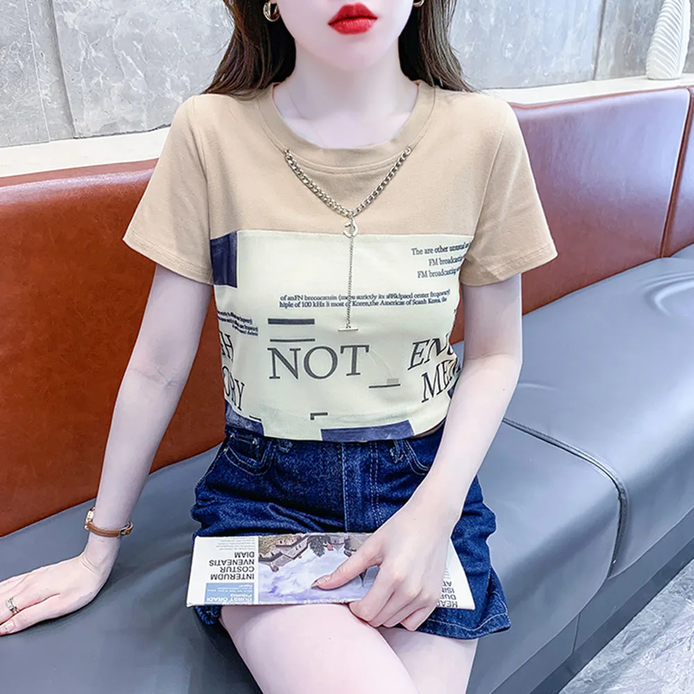 

Fashion Chain Short Sleeve T-shirt For Women Summer New Splicing Design Slim Tops Retro Letter Print O-neck Casual Tees Ladies