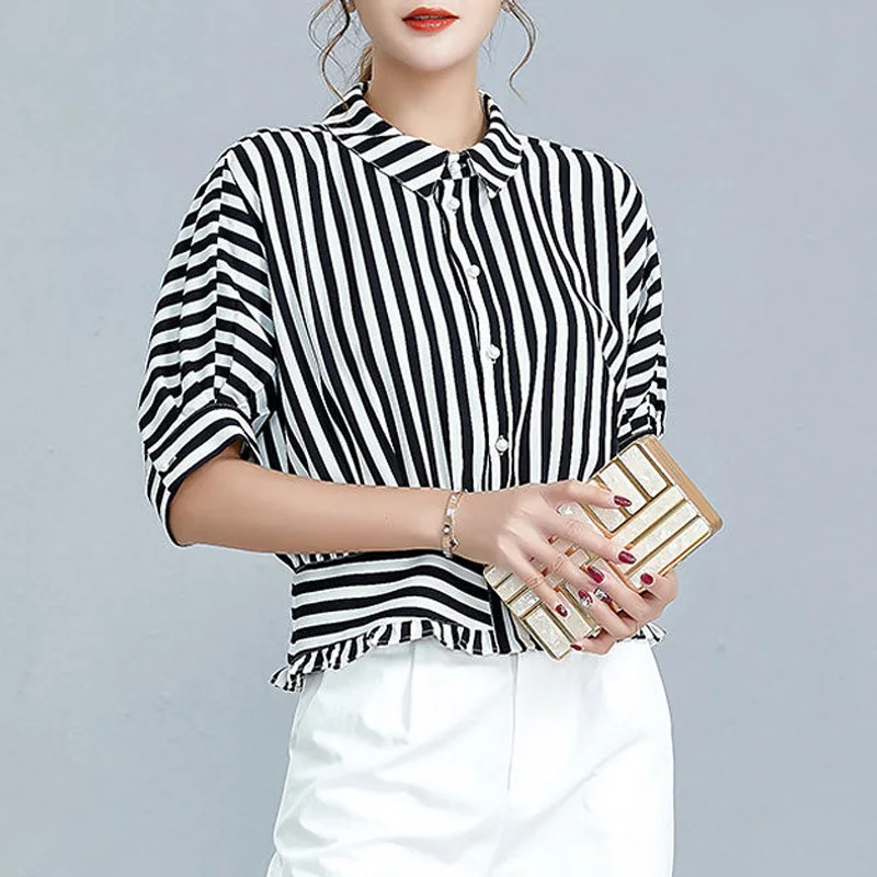 2024 New Summer Temperament Commuting Fashion Flip Collar Stripe Printed Waist Slim and Versatile Bat Sleeve Shirt for Women