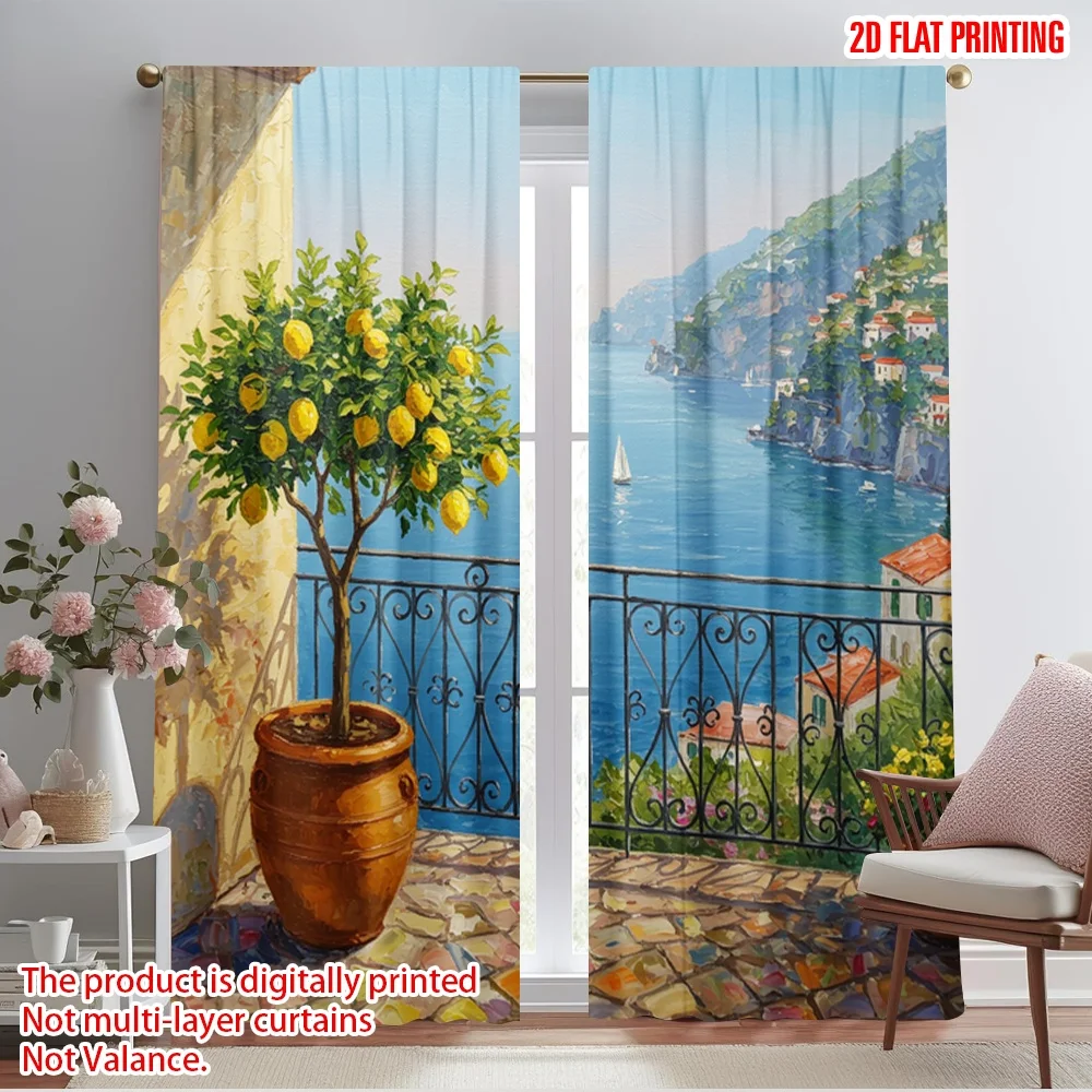

2pcs 2D flat printing Drapes Lemon Tree Balcony Seaview Polyester Without Electricity Holiday Decorations for Holiday