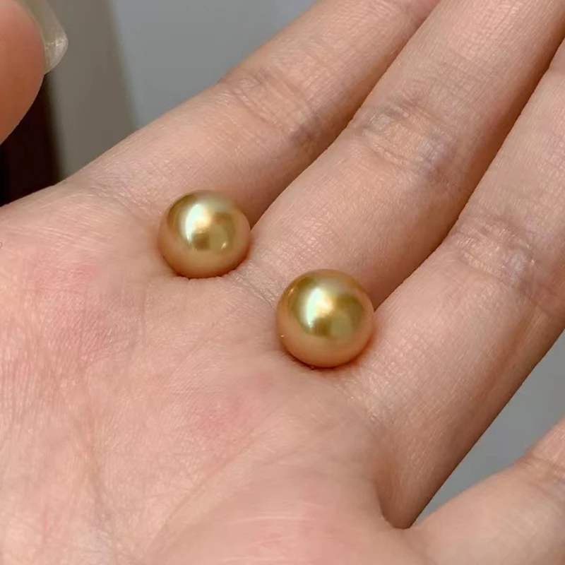 18k Solid Gold AAAA 8-9mm Round Natural South Sea Golden Real Natural Pearl Earring Silver 925 Best Gift For Girls Nice Look