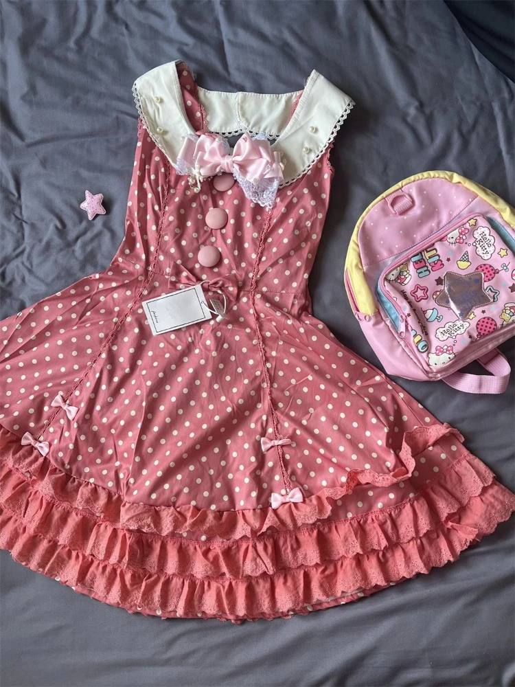 فستان نسائي صيفي ياباني أنيق كاواي لوليتا Y2k تصميم فستان قصير منقط بفيونكة نسائية على الطراز الكوري ملابس عصرية