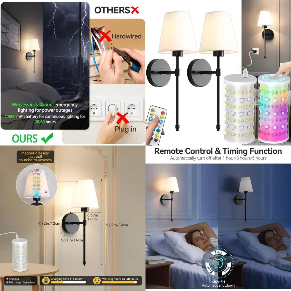 

Пара беспроводных настенных бра с перезаряжаемой батареей и регулируемой лампой емкостью 10000 мАч, пульт дистанционного управления, 10 вариантов цвета для домашнего декора