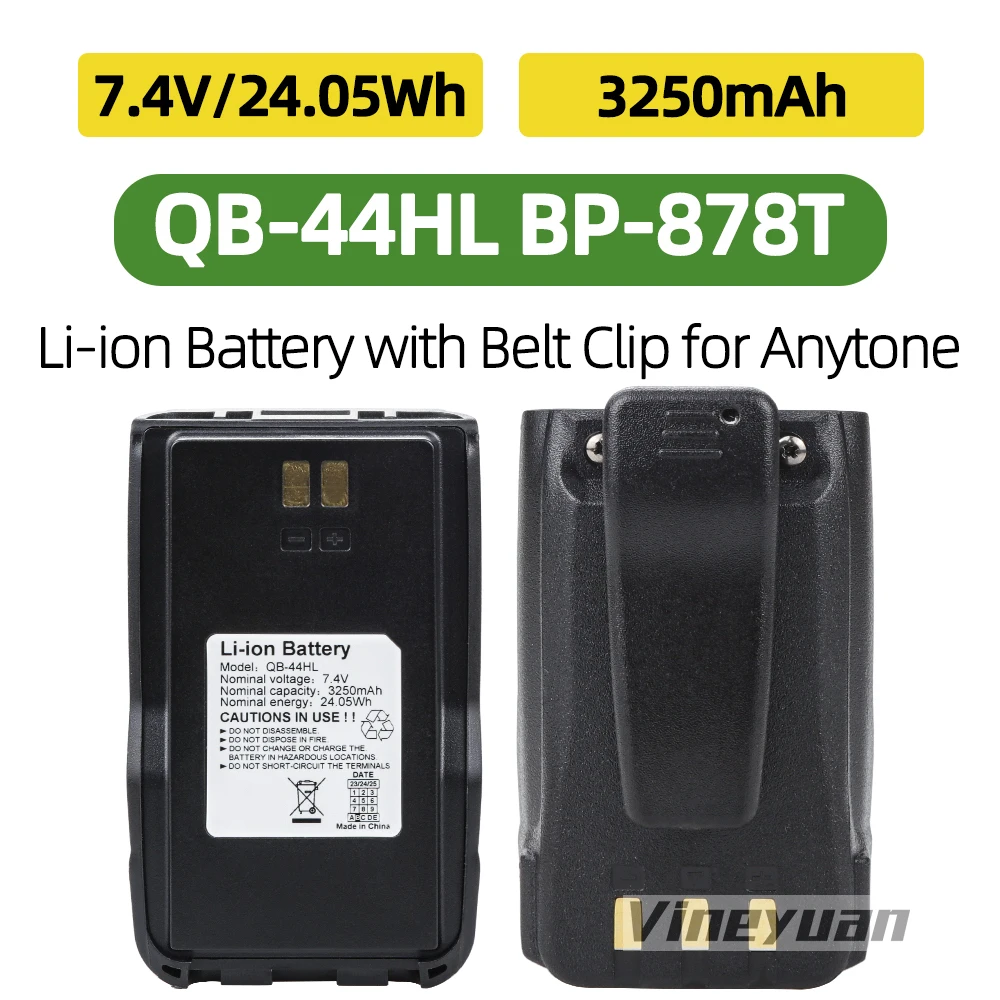 

NEW 7.4V 3250mAh QB-44HL Li-ion Battery with Belt Clip for Anytone AT-D878UV Plus D878UV D868UV D858 BTECH DMR-6X2 radio