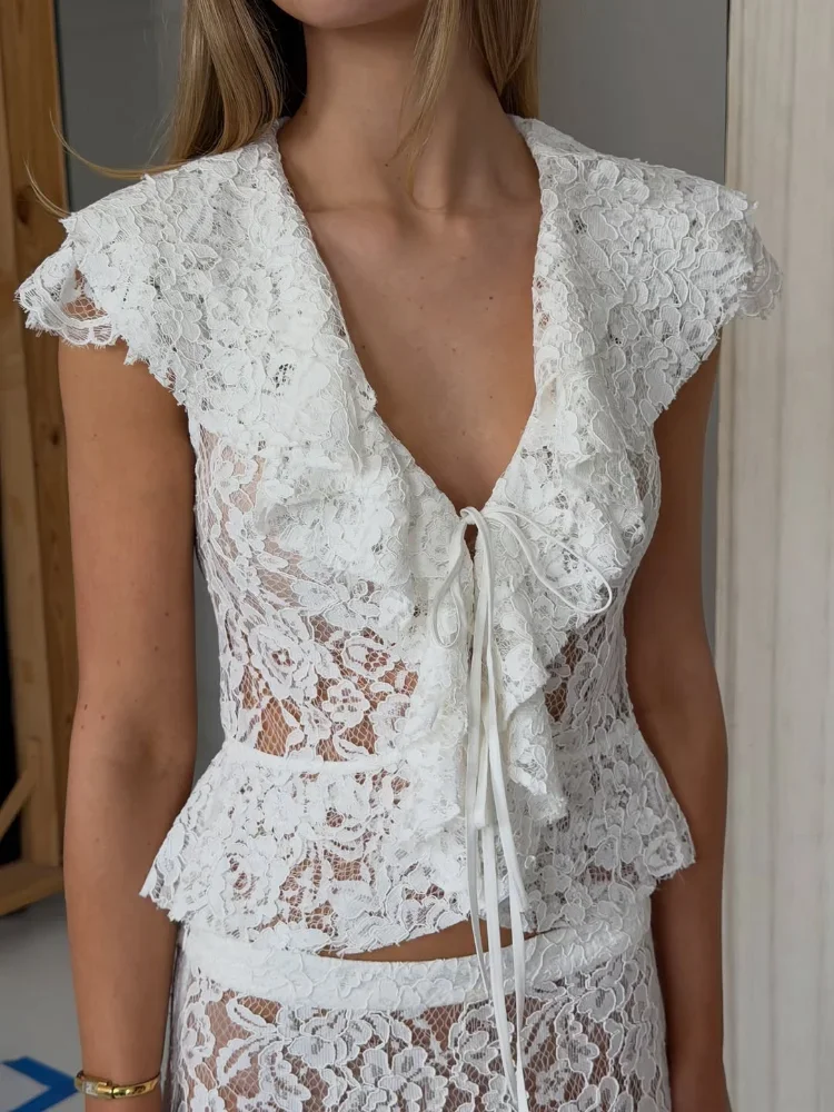 Lady White See Through Lace Ruffled Short Sleeves Top Sets Hollow Out Deep V-neck Tops Slim Skirts Suits  Daily Matching Outfit
