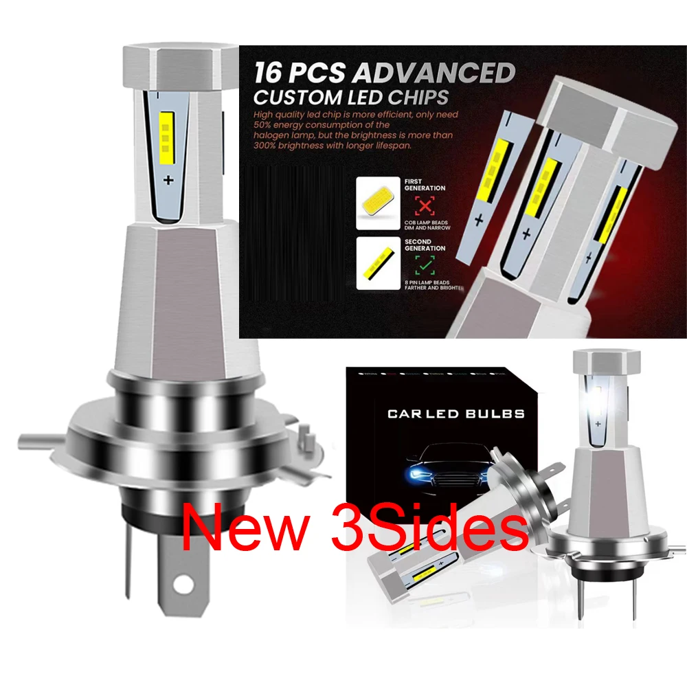 2x Fanless 2/3Sides H7 H4 LED Bulb 1:1 Mini Size Head Lamp Wireless 30000LM CSP Chips Car LED Headlight Bulb 6000K White 12V
