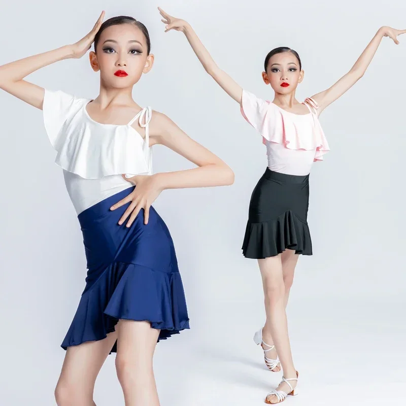 

New Latin Dance Dress Girls' Summer Open Back Top White Split Training Suit Ice Silk Sling Girls Professional Stage Wear Clothes