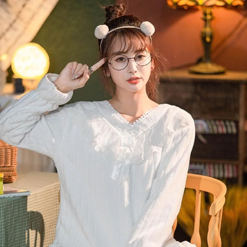 q22d-women-warm-coral-pajamas-set-long-sleeve-v-neck-lace-splicing-bowknot-tops-loose-pants-striped-sleepwear