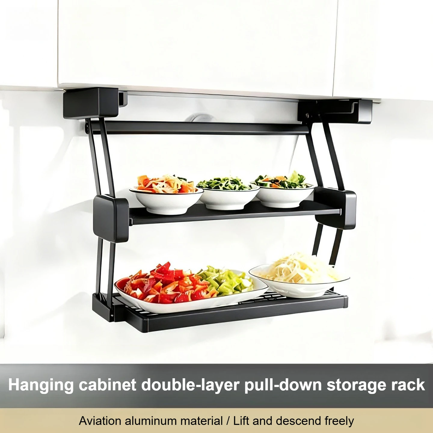 Pull Down Kitchen Folding Storage Rack Cabinet Seasoning Bowl and Dish Storage Rack Lifting Basket Hidden Storage