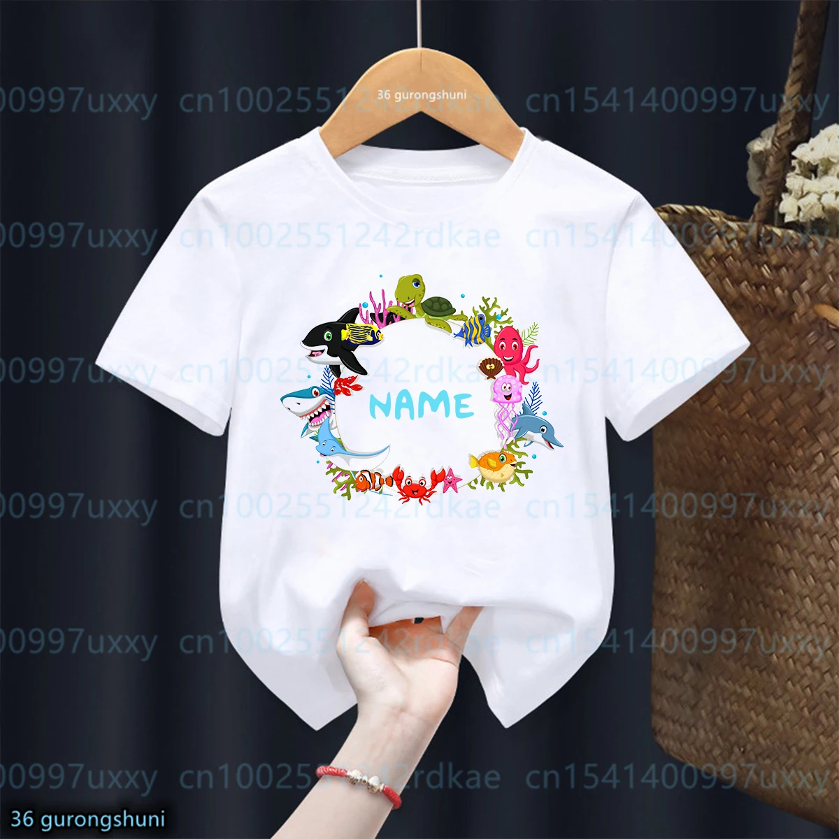 

New Girl T-shirt marine organism Fish Cartoon Personalized Name Printed Boys T-shirt Fashion Kids Tshirt Cute Boys Girls clothes