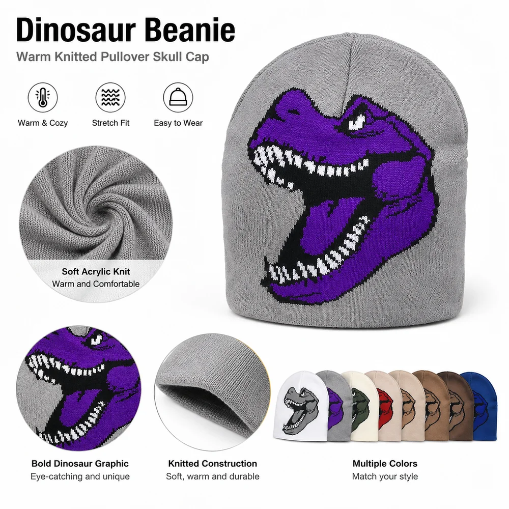 Gifts Knitted Dinosaur Beanie Warm Dinosaur Pattern Knitted Beanie Hat Pullover Stretch Fit Pullover Knit Cap Winter Wear