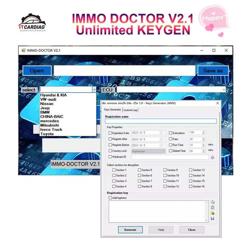 NEW IMMO DOCTOR V2.1 MULTI BRAND With Unlimited KEYGEN Immo Off Immo Delete Software for ME17 MH72 MH83 MH82 MEG17 MED17 EDC17