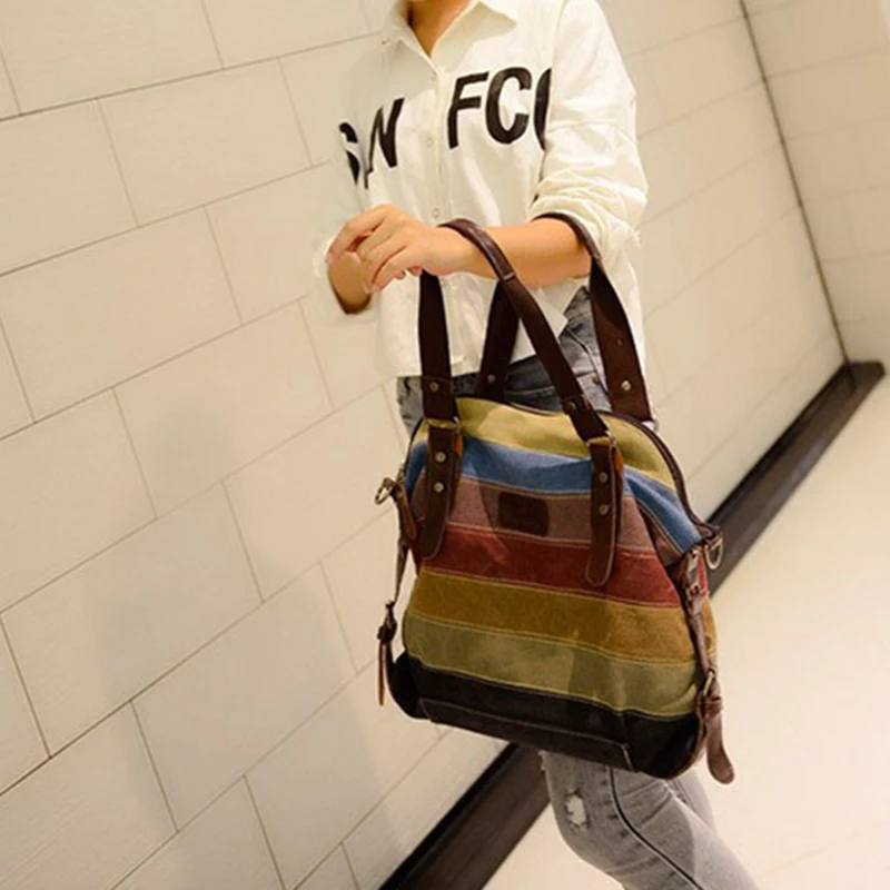 Canvas Totes, Striped Womens Handbag ,Patchwork Rainbow Shoulder Bag, Fashion Female Casual Crossbody Bag