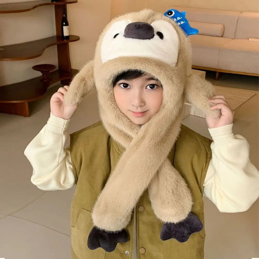 

Fluffy Kids Ear Protection Cap Solid Color Fleece Lined Penguin Ear Moving Hat Windproof Thickened Children Plush Pullover Cap