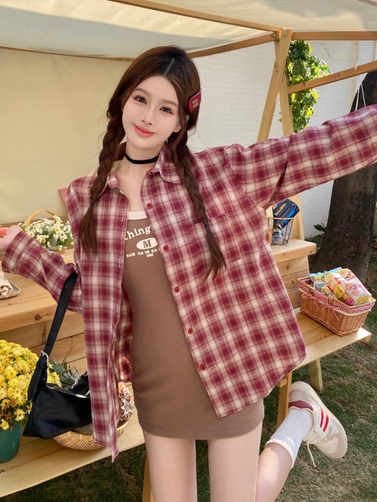 Plaid Shirts Women Slouchy Korean Style Office Lady Long Sleeve Spring Autumn High Street Casual All-match Clothing College Chic