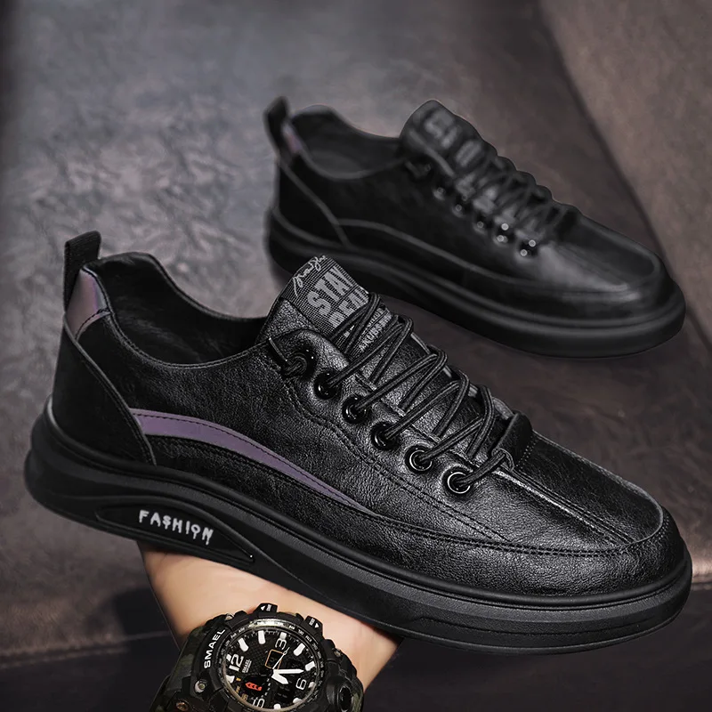 Autumn men's shoes 2025 new spring and autumn sports casual leather shoes men's board shoes black anti slip waterproof shoes