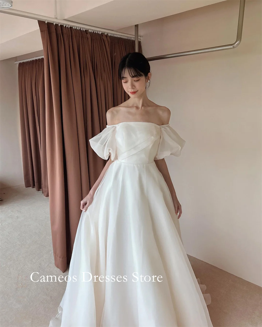SONDR Customized Off Shoulder Ivory Puff Sleeves Wedding Dresses Simple A-Line Organza Korea Brides Gowns Women Bridal Dresses