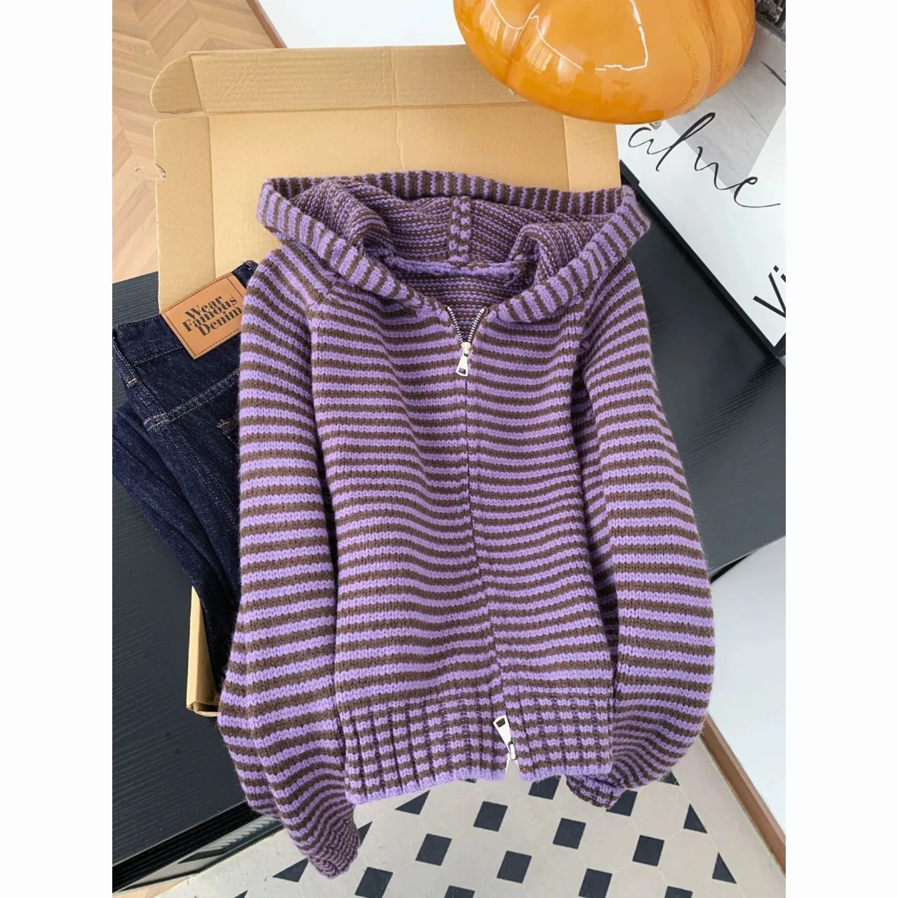 اليابانية Y2K Harajuku الساخن فتاة الرجعية التباين مخطط محبوك هوديي الخريف/الشتاء المرأة فضفاضة عادية سستة سترة ايمو #1