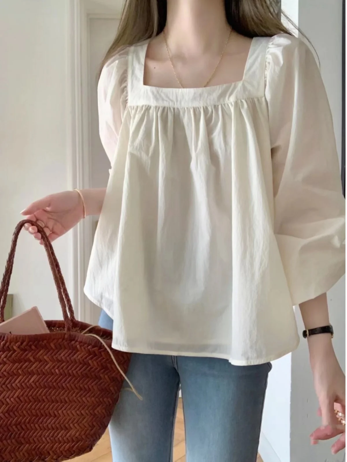 

Свободный женский irt весенне-осенний дизайн куклы с квадратным воротником Bubble Sve Gentle Lazy Faion Long Sve Pure Color Top