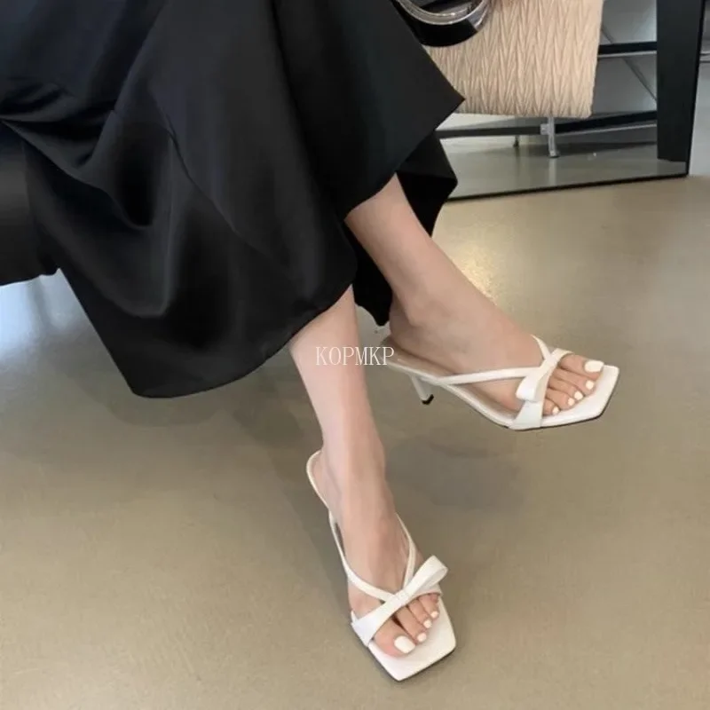 New Design Slipper High Heels Shoes Fall Best Street Look Females Bowknot Square Head Toe Clip-On Strappy Women Sandals Slides