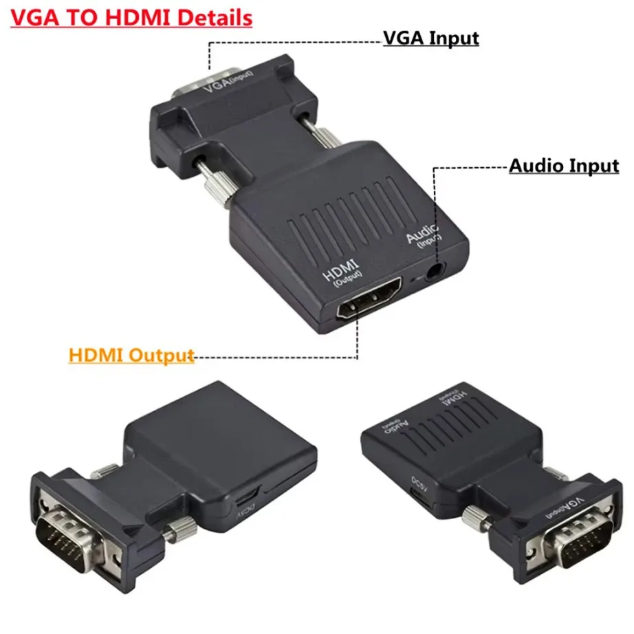 YIGETOHDE Convertitore da VGA a HDMI 1080P con supporto audio Adattatore da maschio a femmina per PC Display portatile Compatibile da VGA a HDMI