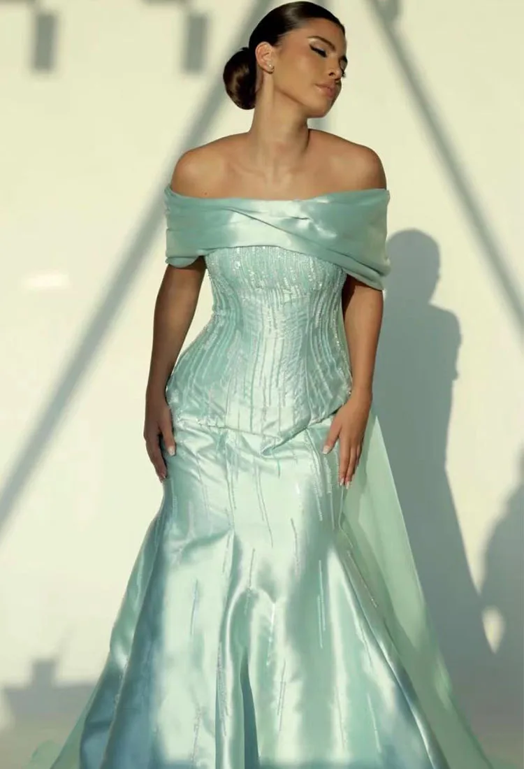 Hot Sale Green Satin Off The Shoulder Beaded Mermaid  فساتين السهرة vestidos de fiesta vestidos de noche evening dresses