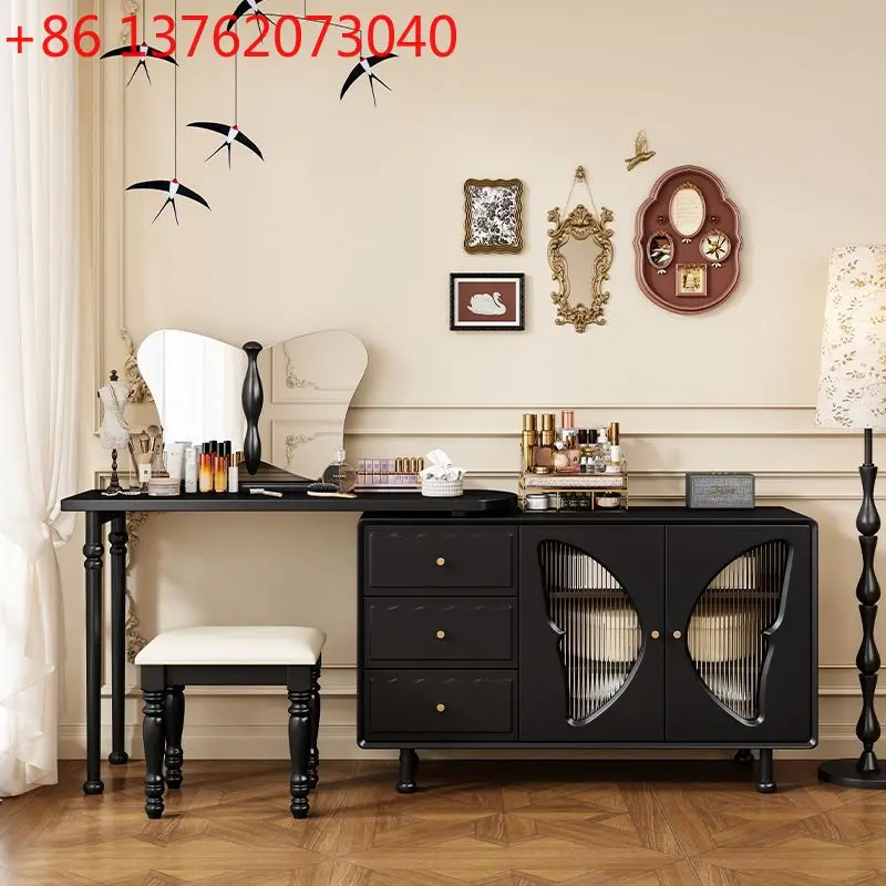 French retro solid wood dresser, chest, integrated corner makeup table