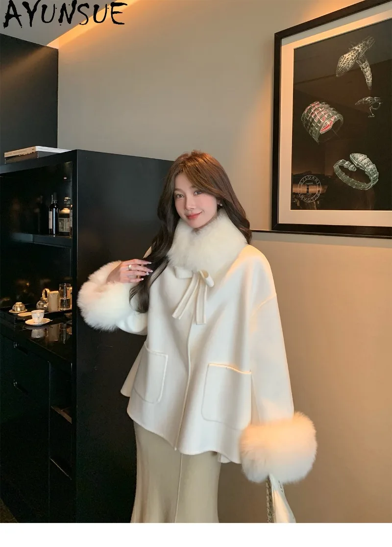 AYUSNUE Women New Mid-Length Double-Faced Wool Coat Fox Fur Collar Woolen Outerwear Female Winter Clothing 2026 Пальто Женское