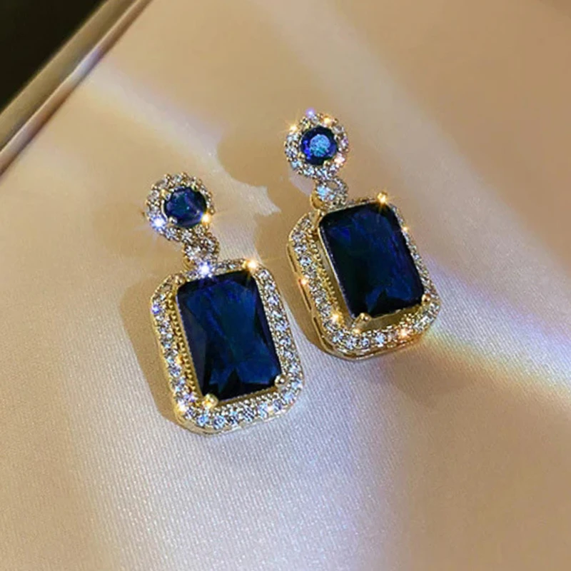 Gold Color Blue Stone Earrings Women Luxury Dangle Ear Rings For Wedding Engagement Party Anniversary Jewelry Gifts KDE254