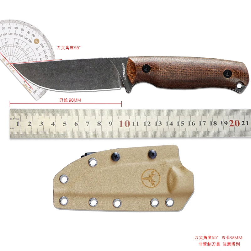LENGREN SENTRY سكين تكتيكي ثابت خفيف الوزن 8.5 بوصة DC53 فولاذ كامل تانغ، غمد K، مقبض كتان بني للبقاء EDC #6