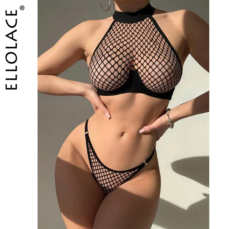 

Ellolace Intimate Lingerie Sexy Women Fancy Tank Top Thong 2PC Seductive Hollow Fishnet Party Outfit Hot Girl Backless Underwear
