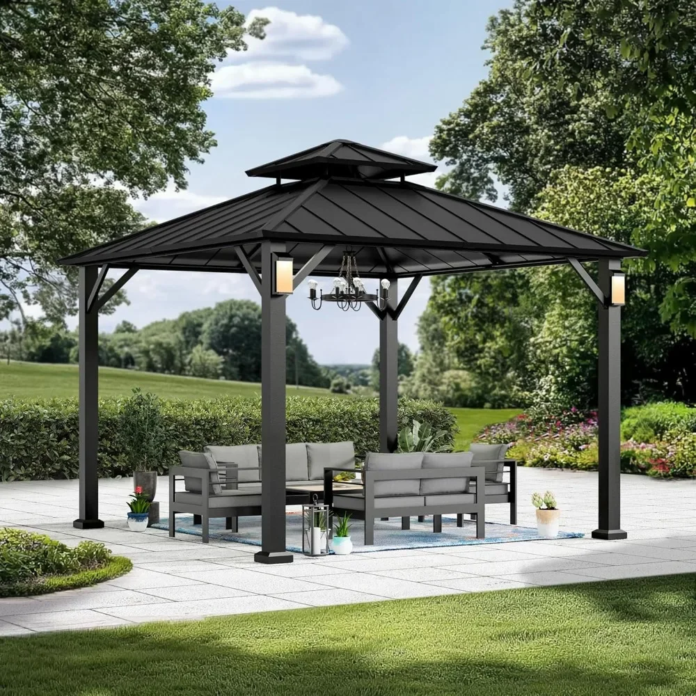 10' X 10' Permanent Metal Gazebo with Lights, Outdoor Gazebos with Galvanized Steel Roof & Frame Patio Gazebo