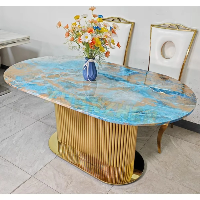 

Room Furniture New Deluxe Dining Table Golden Table Set 6 Seats Stainless Steel Marble Table