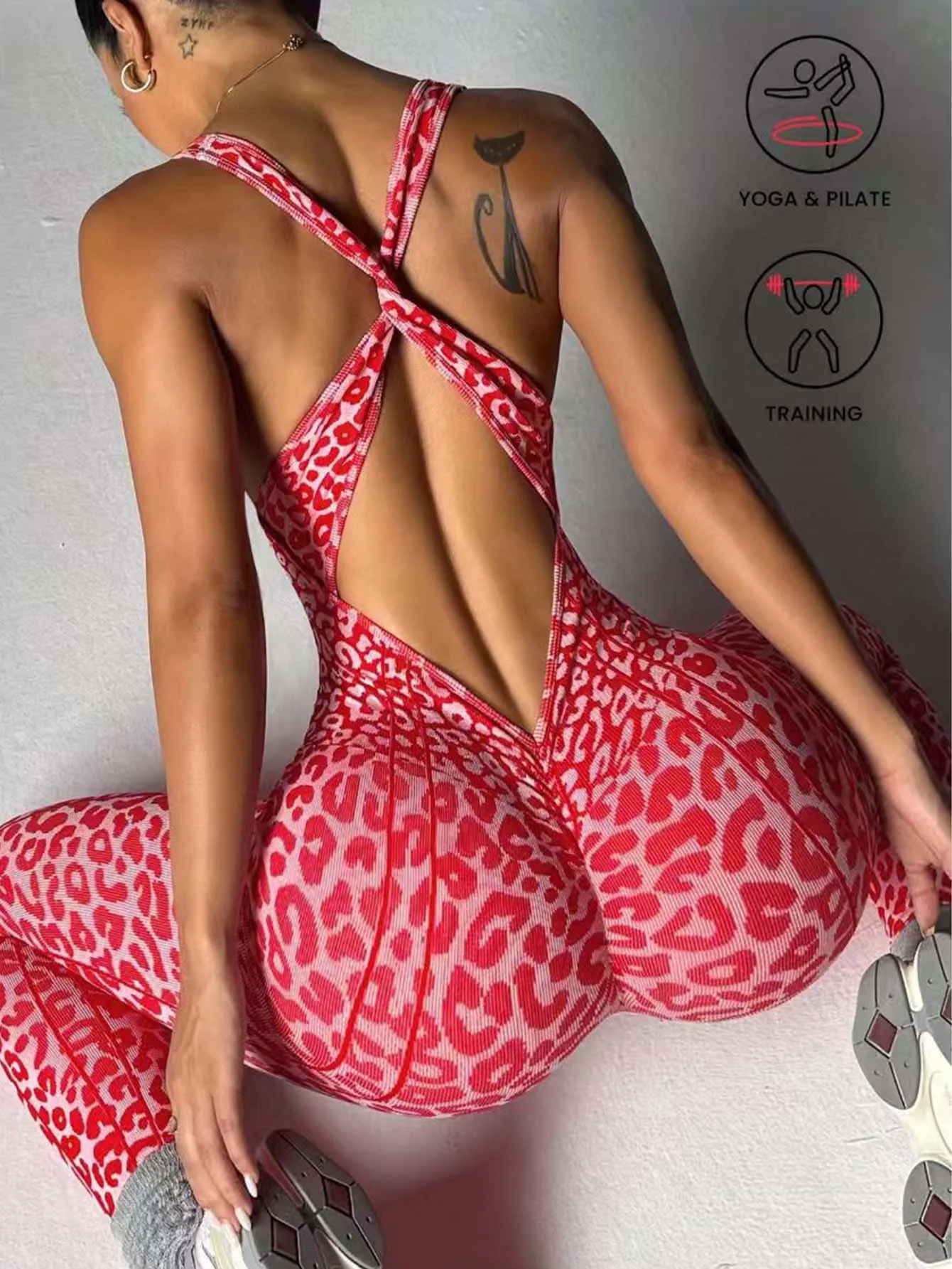 Nahtloser Damen-Jumpsuit mit Leopardenmuster, überkreuztem Rücken, Po-Lifting-Effekt, Yoga-Bodysuit, hochelastischer Workout-Fitness-Catsuit – Detail 9