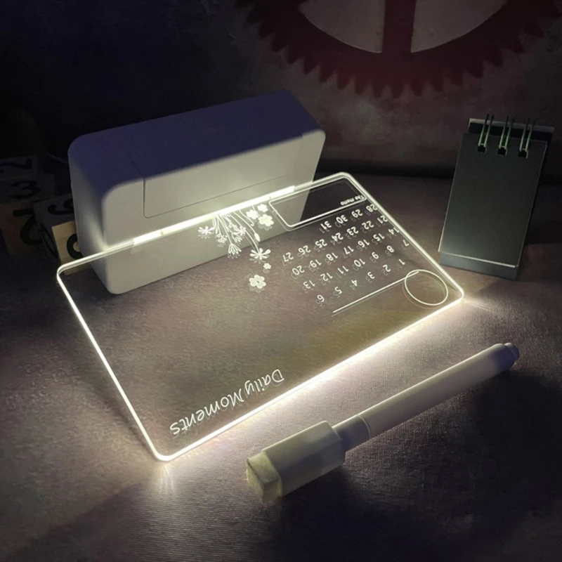 อะคริลิคใสปฏิทิน LED Night Light พร้อมขาตั้ง Erasable Marker สำหรับโต๊ะทำงาน Memo Board To-do-list Board Dropship