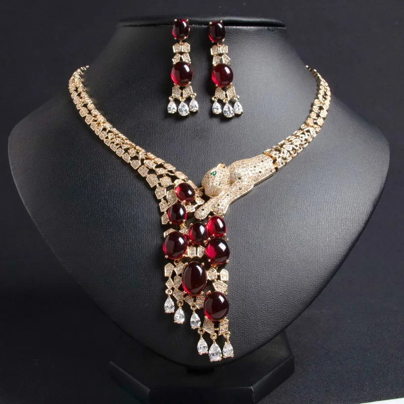 

Designer Collection Necklace Earrings Settings Cubic Zircon Black Patches Leopard Tassels Pendant Dinner Party Jewelry Sets