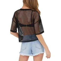 T-shirt da donna con Top a rete Sexy Solid Black White Crop Top a maniche corte See Through Summer abbigliamento T-shirt per donna