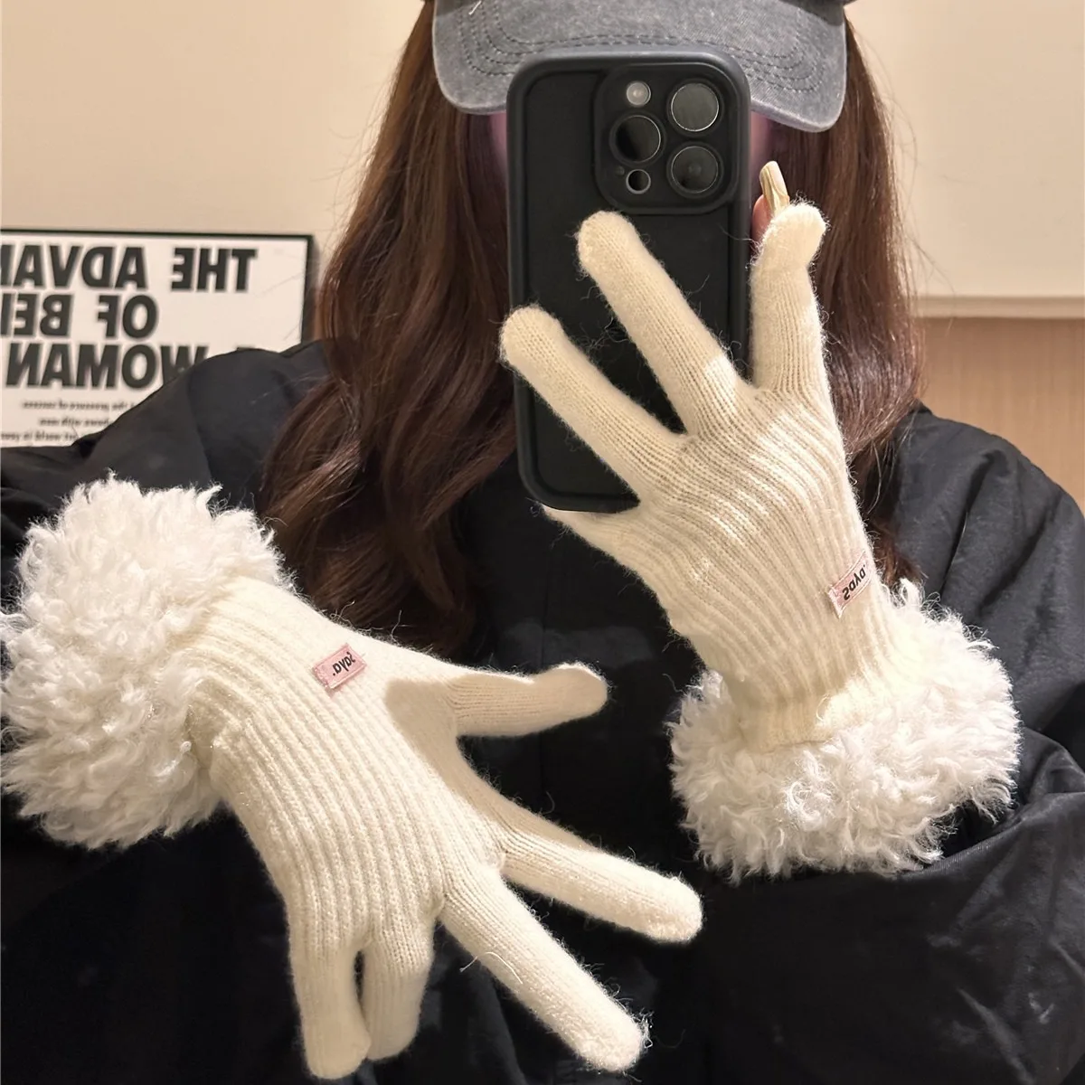 

Gloves for women winter 2024 new Korean style thickened warm wool knitted finger gloves with touch screen