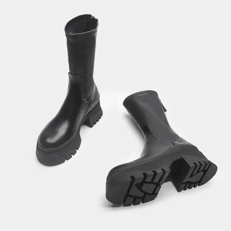 

Женские ботинки челси, модные ботильоны на массивной подошве, длинные ботинки без застежек, черные короткие ботинки из натуральной кожи, женская обувь на платформе