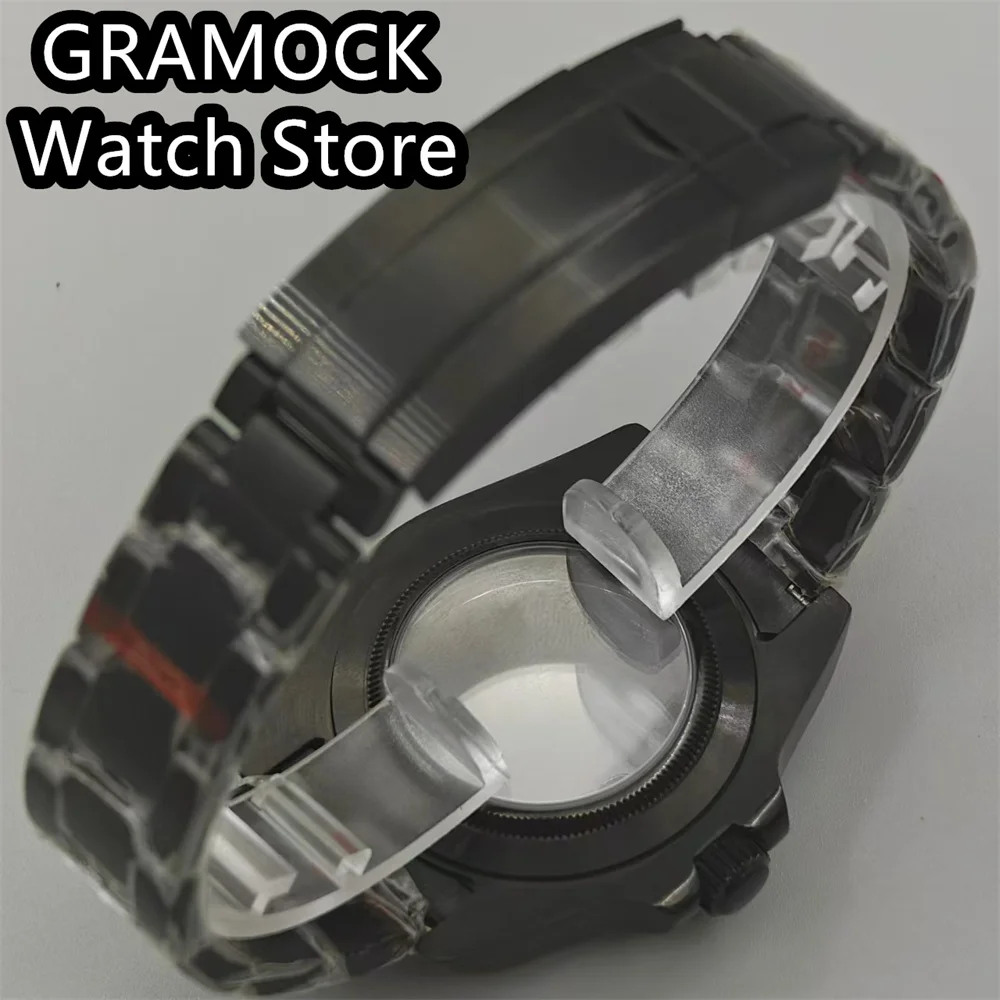 GRAMOCK 40mm Black PVD Watch Case Sapphire Glass Fixed 24 Hour Bezel Steel Bracelet Fit NH34 NH35 NH36 ETA2824 PT5000 Movement