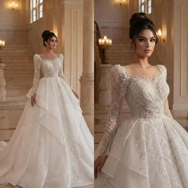 

Sparkling Sequins Bridal Gowns Long Sleeve O Neck Ball Gown Wedding Dresses Beaded Vestidos De Novia Customized