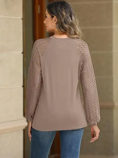 Chemise en dentelle à manches longues pour femmes, haut tricoté décontracté, mode automne, confortable, respirant, coupe ample, chemisier pour dames