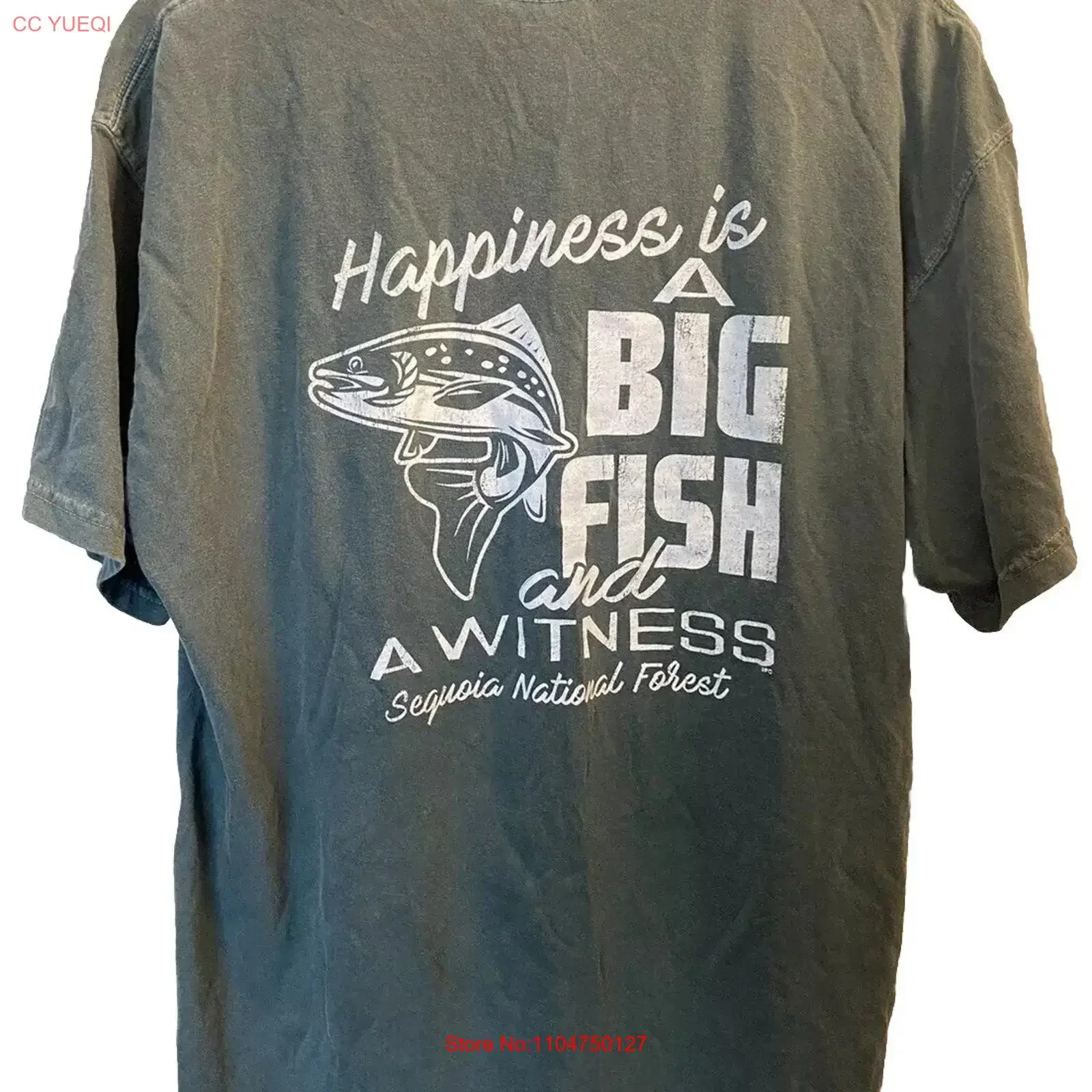 T-shirt de pêcheur de la Forêt Nationale de Sequoia, motif « Le bonheur est une grosse pêche et un témoin », style vintage délavé, légèrement décontracté et doux