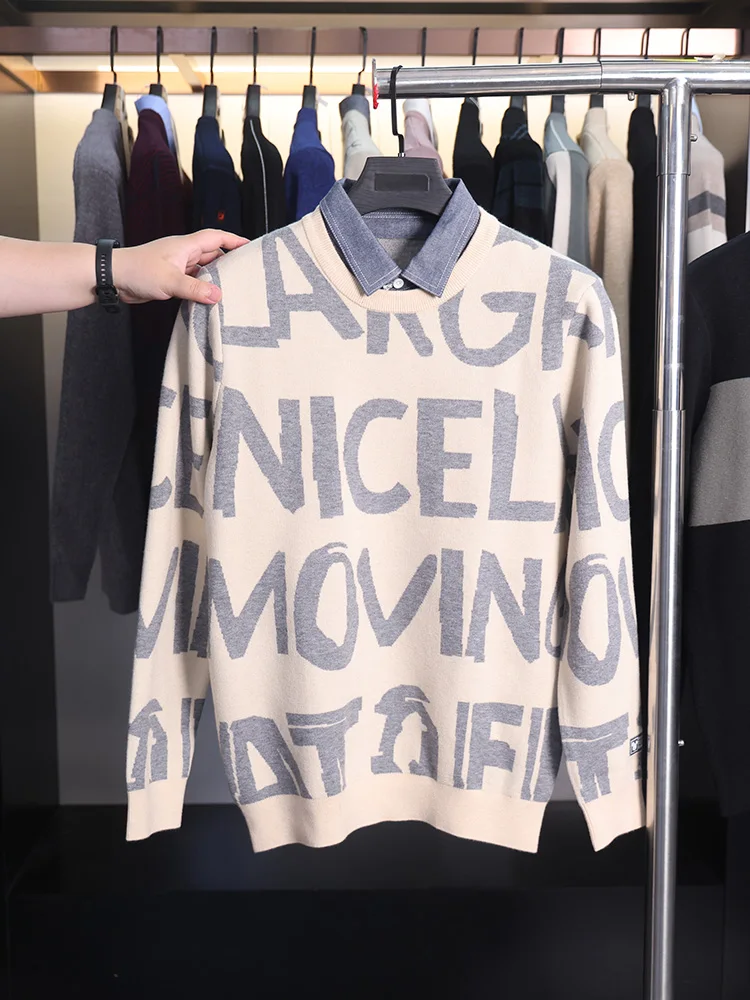 

Homesi Spring Autumn Men's Qee Collab Long Sve Knitted irt Fake Two-Piece Warm Top Faion Urban Sle for Young Men