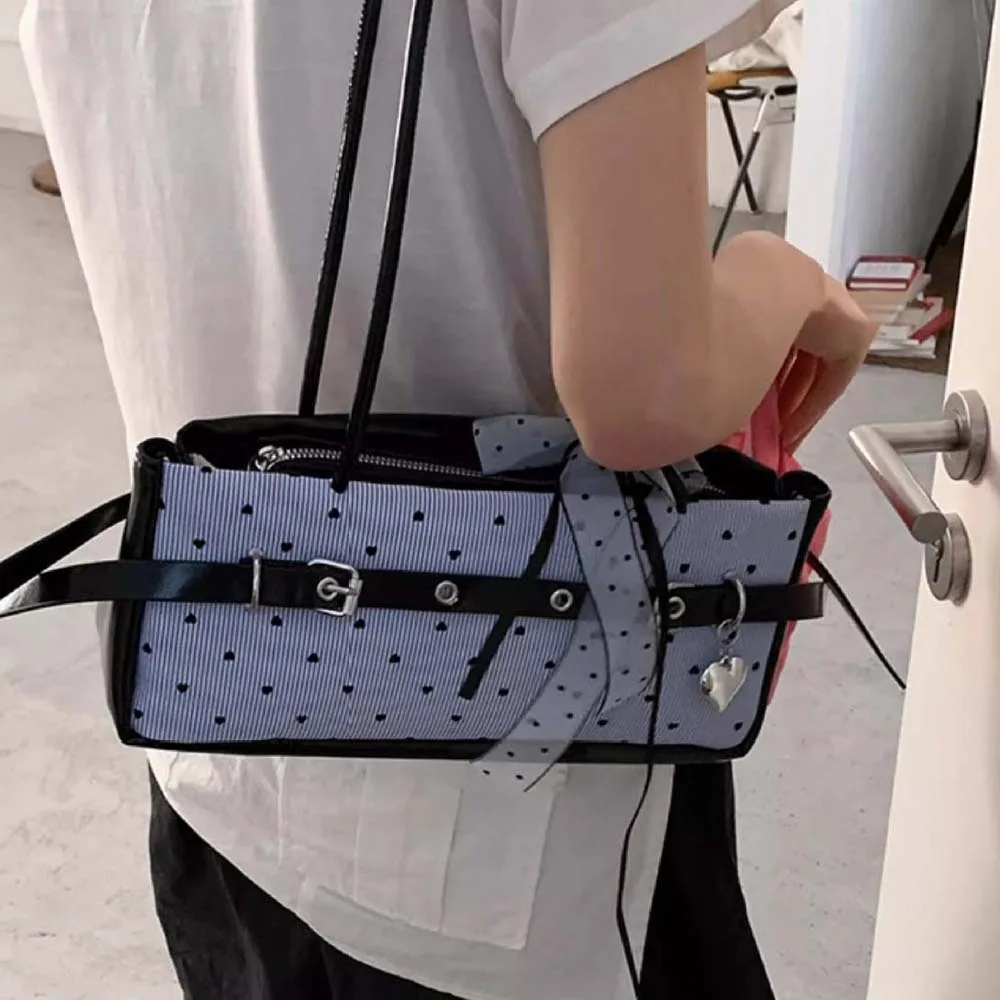 

Portable Sweet French Stick Handbag Bow Ribbon Lace Blue Shoulder Bag Canvas Large Capacity Stripe Heart Underarm Bags Daily