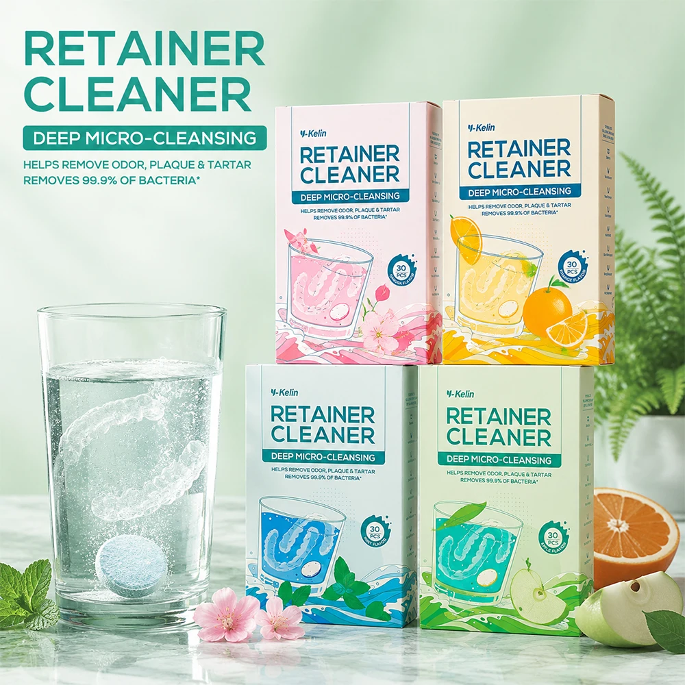 30pcs Retainer Cleaner Tablets Remove Plaque Odor Tartar Deep Clean for Aligner Mouthguard Night Guard Denture 4 Fruit Scents