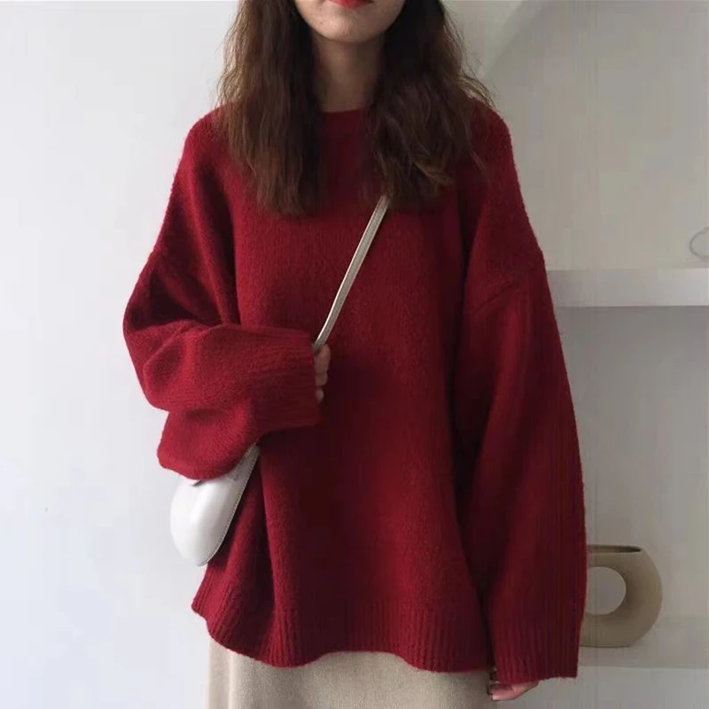 O-Neck Solid Sweater Women Sweet Basic Loose Lazy Soft Knitted Pullover Korean Fashion Casual Fall Winter Pretty Style Jumpers